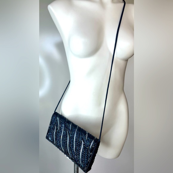 Vintage 1960s Genie Cross Body Beaded Purse Black/Navy Blue/Silver Evening Bag - Picture 4 of 16